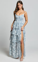 Janezkie Maxi Dress - Femme Tiered Jacquard Formal Dress in Light Blue