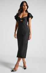 Emberlynn Midi Dress - Flutter Sleeve Cut Out Satin Dress in Black