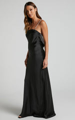 Arichie Maxi Dress - Cowl Back Diamante Strap Satin Dress in Black