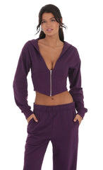 Cropped Pointed Hoodie Sports Suit in Purple