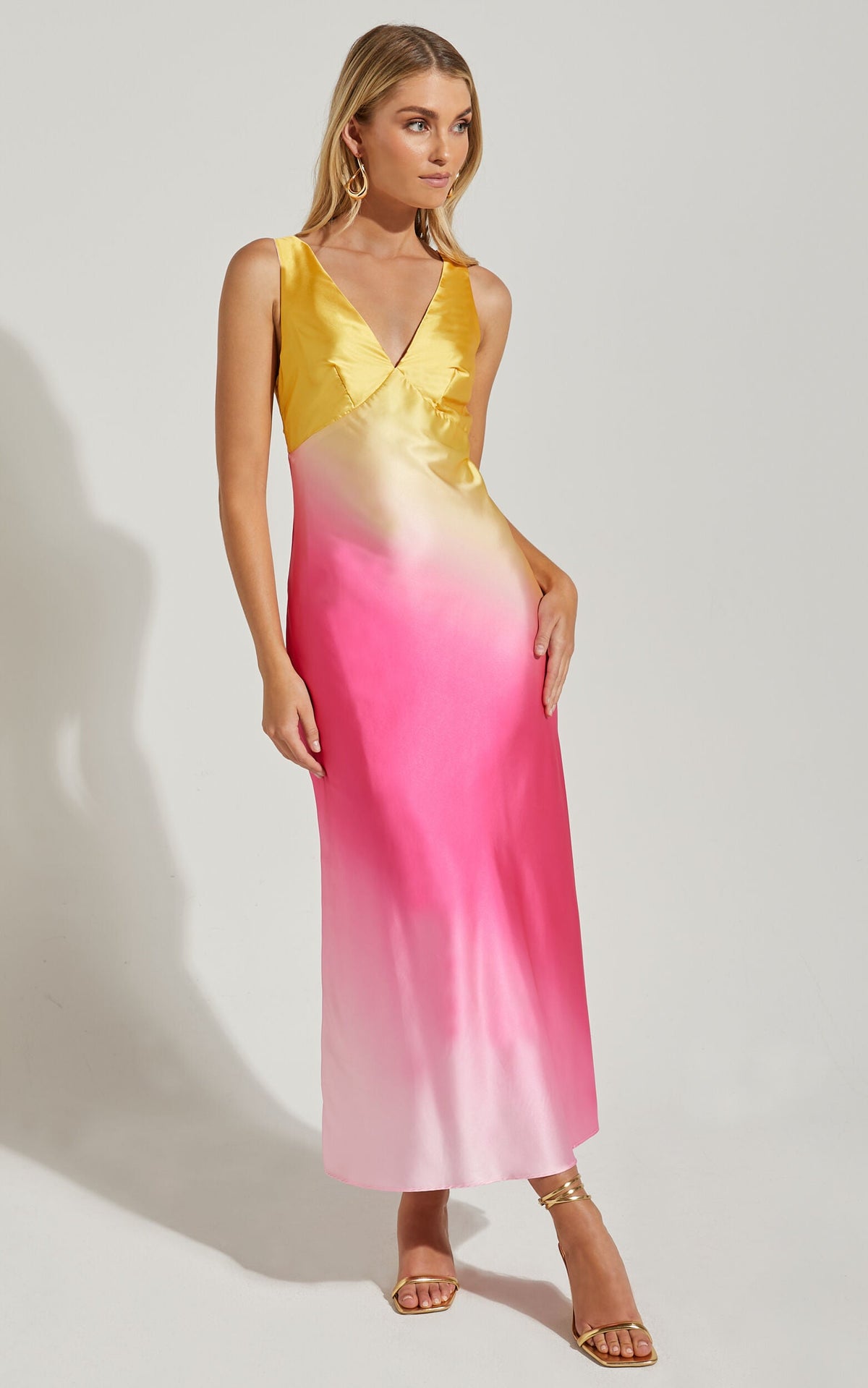 Erika Midi Dress - V Neck Satin Slip Dress in SUNSET OMBRE