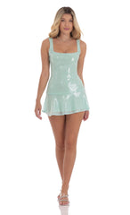 Sequin Drop Waist Dress in Seafoam