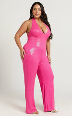 Belle Jumpsuit - Plunge Halter Sequin Jumpsuit in Hot Pink