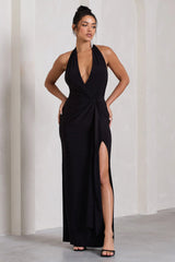 Tabloid Talk | Black Plunge Halter-Neck Maxi Dress With Twisted Drape