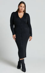 Leahanna Midi Dress - Button Front Knit Dress in Black