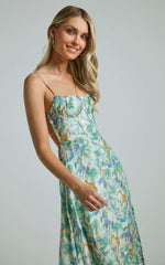 Elenita Midi Dress - Cup Bust Sleeveless Slit Dress in Green Floral