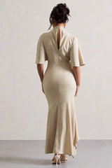 Lavinia | Champagne High-Neck Flutter-Sleeve Asymmetric Maxi Dress