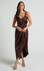 Katie Midi Dress - V Neck Tie Front Detail Dress in Chocolate