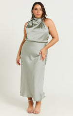 Minnie Midi Dress - Drape Neck Satin Slip Dress in Sage