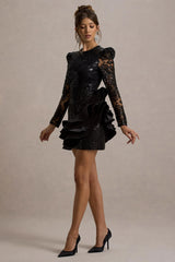 Myka | Black Sequin Long-Sleeve Ruffle Hem Mini Dress