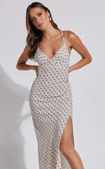 Audrey Midi Dress - V Neck Cross Back Slip Dress in Cream / Brown Geo