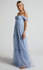 Ontario Maxi Dress - Off Shoulder Corset Bodice Tulle Dress in Light Blue