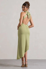 Sophina | Light Olive Satin Cowl-Neck Asymmetric Midi Dress