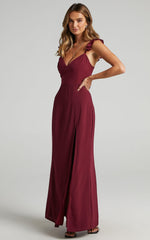 More Than This Maxi Dress - Ruffle Strap Thigh Split Dress in Wine