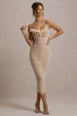 Jesi | Cream Mesh Ruched Midi Dress With Ruffles