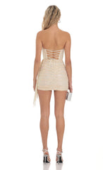 Strapless Sequin Tassel Corset Dress in Champagne