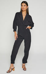 Ayelin Jumpsuit - Linen Relaxed 3/4 Sleeve Jumpsuit in Black