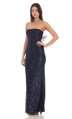 Sequin Strapless Maxi Dress in Navy