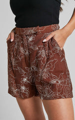 Alofi Shorts - High Waisted Tailored Soft Shorts in Brown Floral