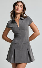 Alvana Mini Dress - Collared Pleated Dress in Grey
