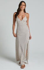 Audrey Midi Dress - V Neck Cross Back Slip Dress in Cream / Brown Geo