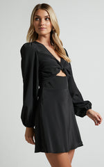 Pilar Mini Dress - Twist Front Long Sleeve Dress in Black