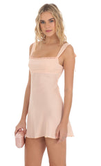 Satin Lace Trim Open Back Dress in Peach