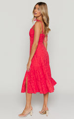 Jovena Midi Dress - Gathered Bodice Tiered Dress in Coral