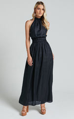 Amalie The Label - Shepard Linen Blend Halter Neck Maxi Dress in Black