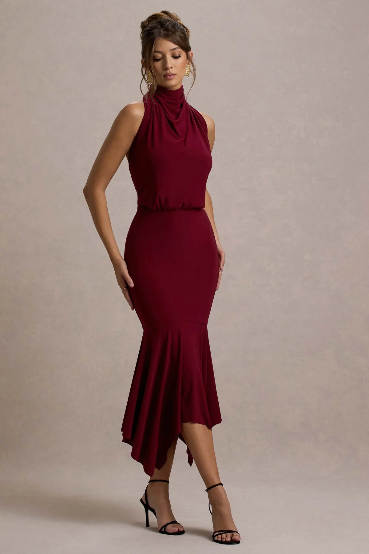 Prianyka | Berry High-Neck Draped Midi Dress
