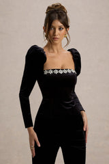 Tazmin | Black Velvet Embellished Square-Neck Top