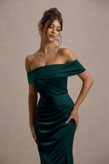 Martine | Bottle Green Satin Bardot Wrap Maxi Dress
