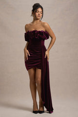Ceronne | Plum Velvet Bandeau Mini Dress With Drape