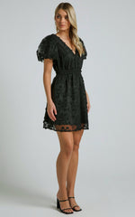 Marciana Mini Dress - V Neck Puff Sleeve With Lace Dress in Black