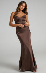 Lunaria Maxi Dress - Cowl Mermaid Slip Dress in Chocolate Satin