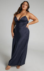 Cariela Midi Dress - Plunge Neck Satin Dress in Navy