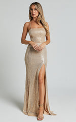 Magic Hour Maxi Dress - Thigh Split Tie Back Dress in Gold Sequin