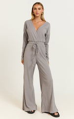 Camille Jumpsuit - Ribbed Jersey Long Sleeve Wide Leg Jumpsuit in Slate Grey