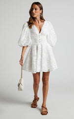 Jammae Mini Dress - Puff Sleeve Dress in White