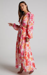 Emilee Midi Dress - Side Cut Out Long Sleeve Plunge Dress in Pink Floral