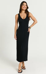 Maya Midi Knit Dress - Sleeveless V Neck Knited Dress in Black