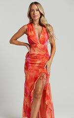 Annie Midi Dress - Wrap Front Ruffle Detail Dress in Orange Floral