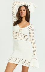 Karly Mini Dress - Crochet Knit Long Sleeve Dress in Ivory