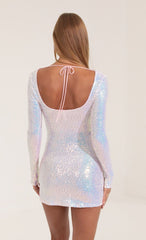 Iridescent Sequin Long Sleeve Dress in LightPink