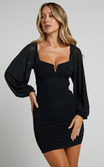 Clydee Mini Dress - Ruched Sweetheart Cut Out Long Sleeve Dress in Black
