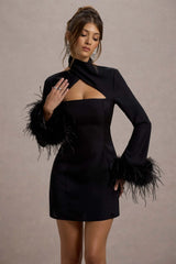 Yoko | Black Halter-Neck Mini Dress With Feather Trims