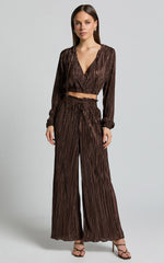 Kallie Pants - High Waist Drawstring Plisse Pants in Chocolate