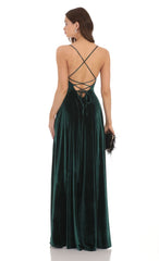 Velvet Double Slit Maxi Dress in Green