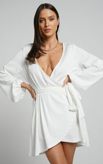 Lexina Mini Dress - Long Sleeve Wrap Centre Tie Dress in Off White