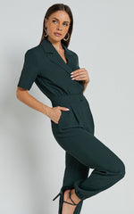 Coco Jumpsuit - Collared Short Sleeve Straight Leg Jumpsuit in Forest Green